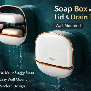 Wall Mounted Soap Box with Lid & Drain Tray – Bathroom Organizer