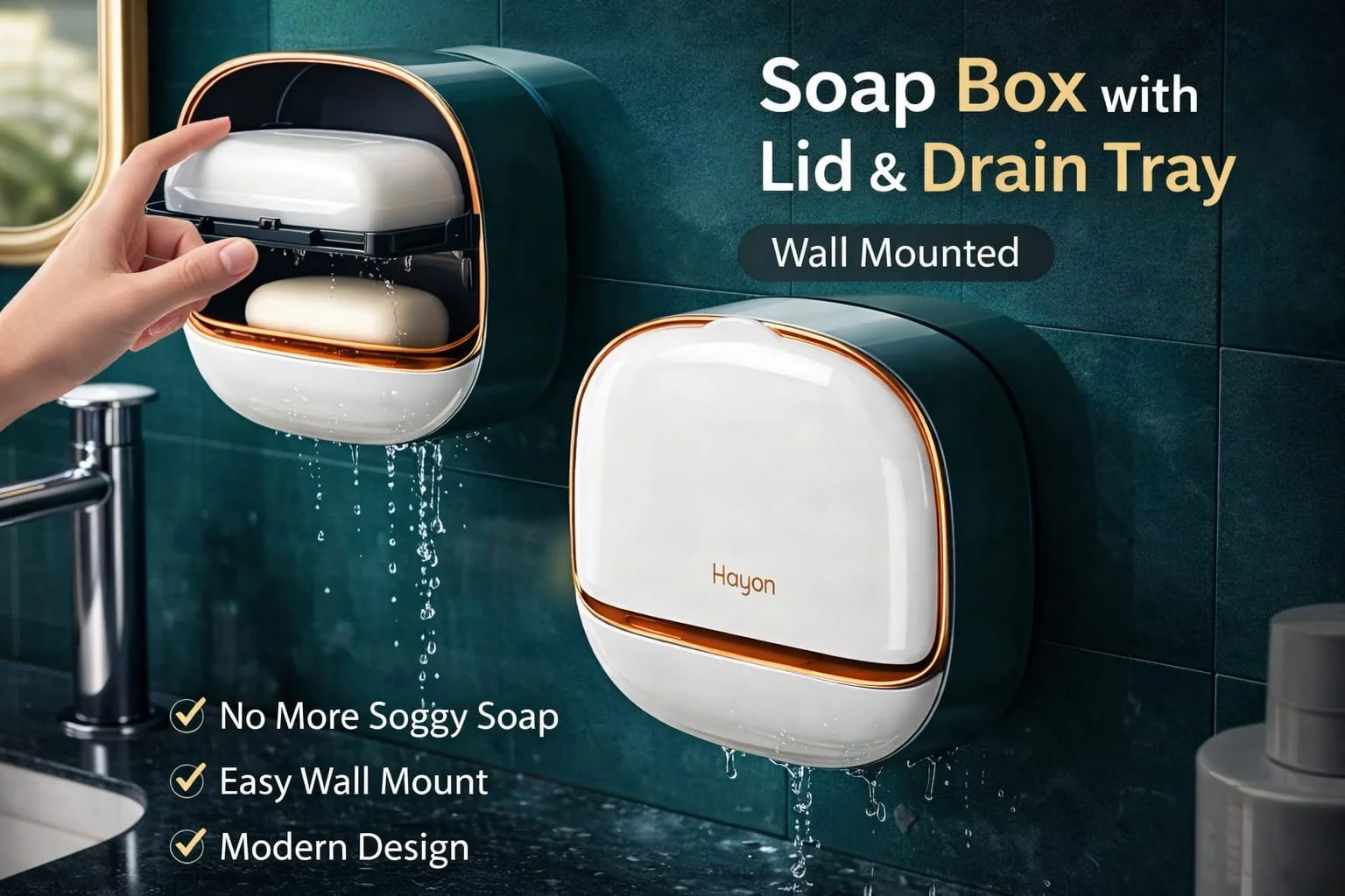 Wall Mounted Soap Box with Lid & Drain Tray – Bathroom Organizer